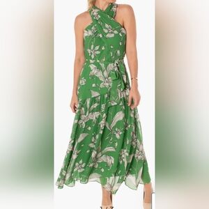NWT Taylor Size 12 Green Floral Crossed Halterneck Chiffon Midi Dress Bohemian